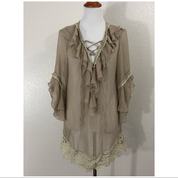 kaktus Tops - 💢SOLD💢 Kaktus Sheer Lace Up Ruffle Collar  Large